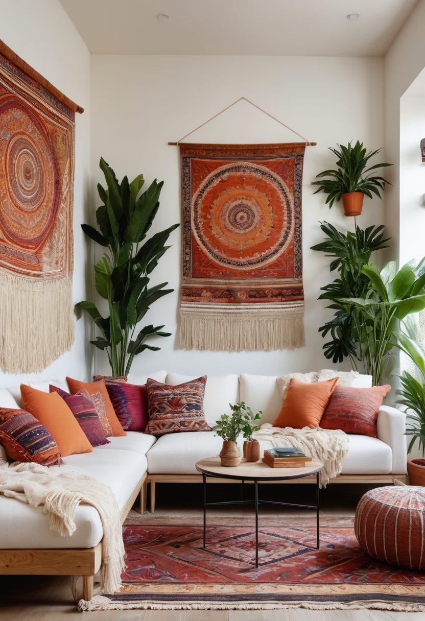 A stunning interior scene showcasing a beautifully styled room merging minimalist and bohemian wall decor. One side features sleek, clean lines with monochromatic art pieces, while the other erupts in vibrant tapestries, macramé, and plants. Natural light pours in, highlighting textures and colors. Incorporate a cozy seating area with colorful cushions. super-realistic. vibrant colors. warm lighting.