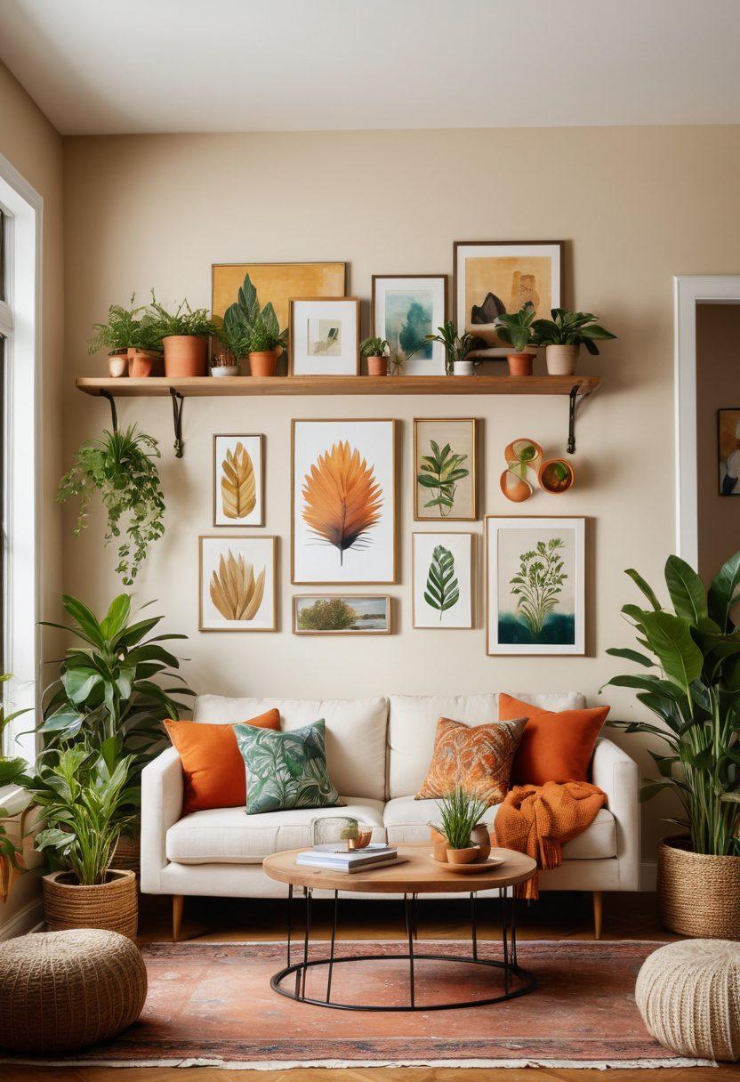 A cozy living room featuring various innovative wall decor ideas, including a vibrant gallery wall with framed art, hanging plants, and unique shelves showcasing decorative items. A stylish color palette of earthy tones and pops of color enhances the aesthetics. Natural light streams in from a window, creating a warm and inviting atmosphere. super-realistic. vibrant colors. natural lighting.