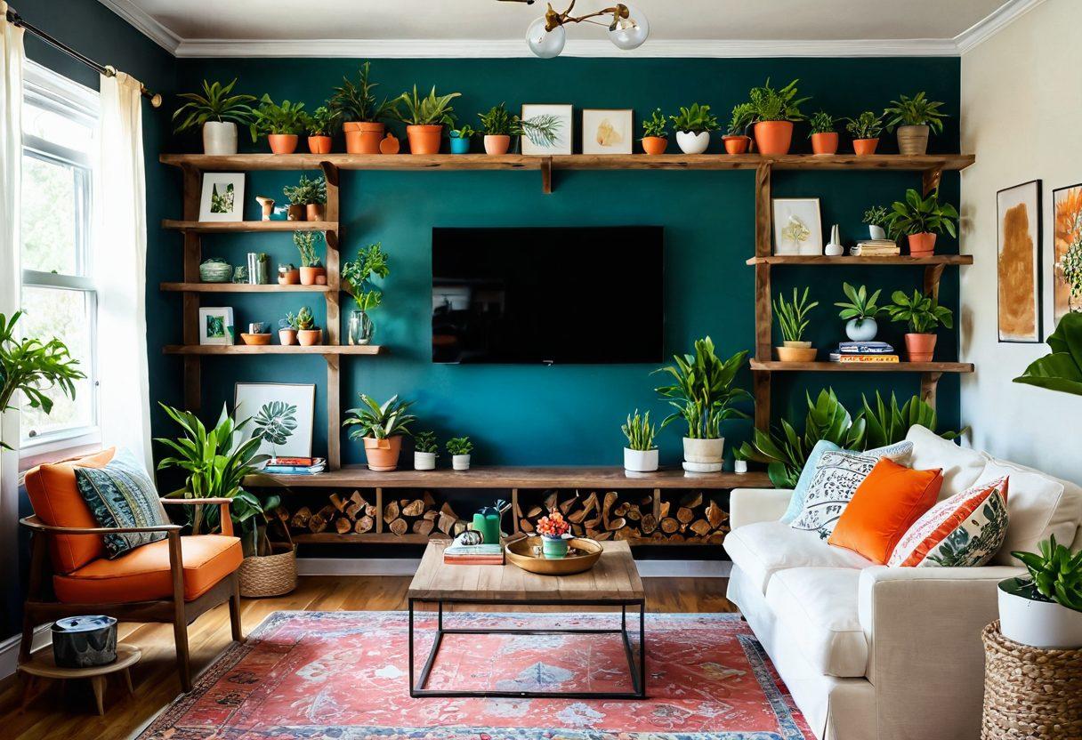 A vibrant living room showcasing a stunning DIY wall project featuring a mix of wood and plants, with colorful wall art and creative shelving ideas. Warm, inviting atmosphere with soft lighting and cozy furnishings. Include tools and materials scattered artfully on a work surface in the corner. Bright, cheerful color palette to evoke creativity and inspiration. super-realistic. vibrant colors.